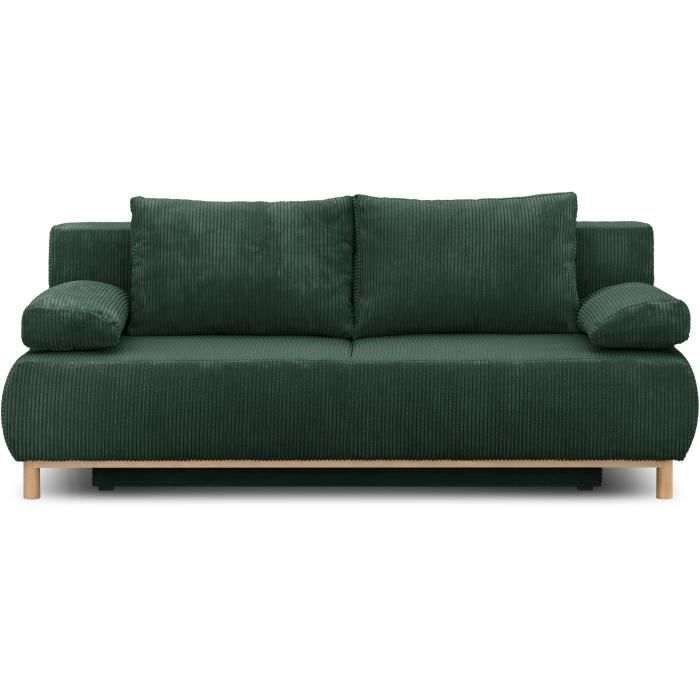 Banquette convertible 3 places MIKA - Velours côtelé Vert forêt - Coffre de rangement - L 192 x H 84 x P 93 cm