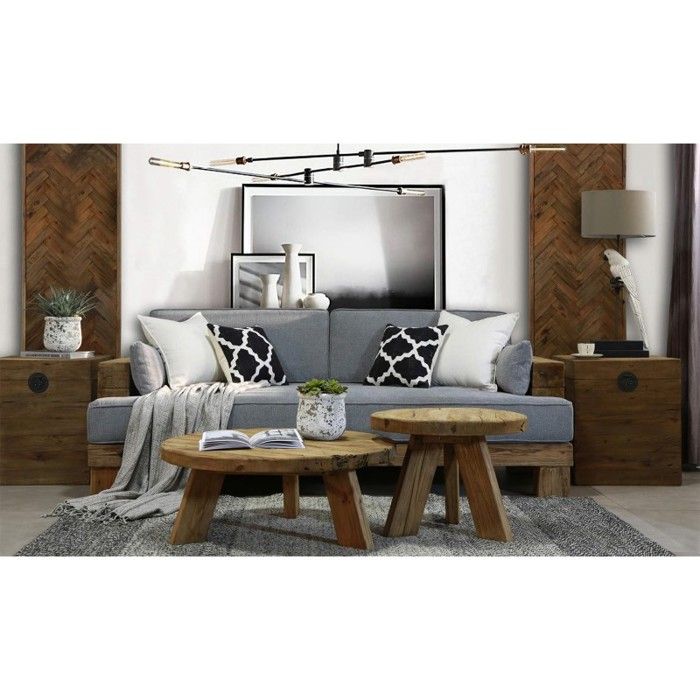 Canapé 3 places 224 cm en bois recyclé et tissu gris - CHALET Meubletmoi