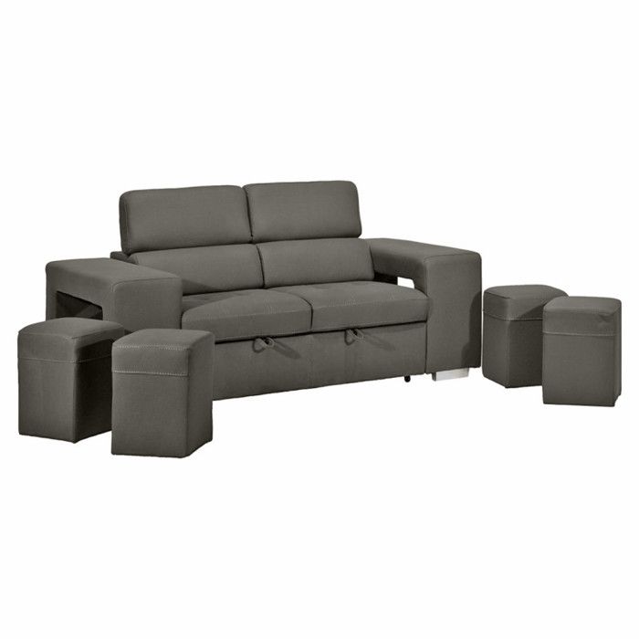 Canapé 3 places convertible tissu gris et têtières réglables - VEGAS Meubletmoi