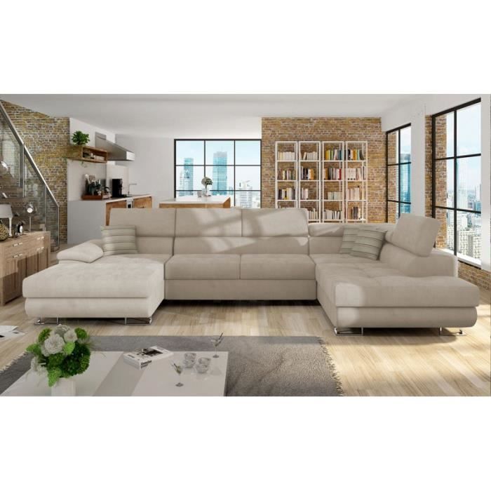 Canapé d'angle panoramique convertible COTORE beige lit + coffre