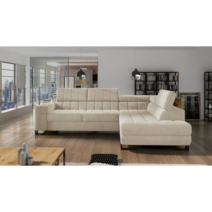 Canapé d'angle convertible LIRIS beige angle droit avec coffre