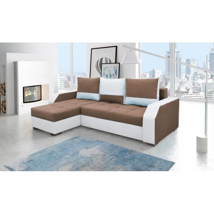 Canapé d'angle convertible réversible design Aris - Tissu Marron et Blanc - PU Blanc