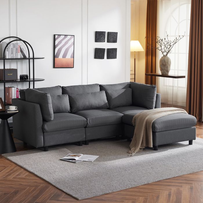 Canapé d'angle convertible 3 places- design moderne- en lin avec  coussins - 220cm- gris