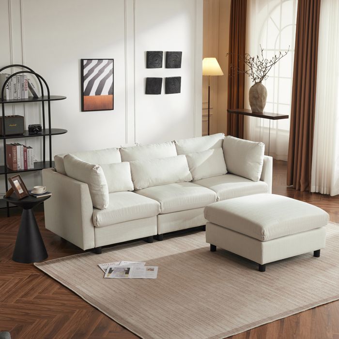 Canapé d'angle convertible 3 places- design moderne- en lin avec  coussins - 220cm -beige