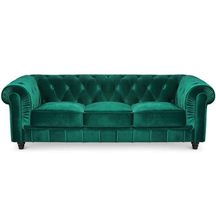 Grand canapé 3 places Chesterfield Velours Vert