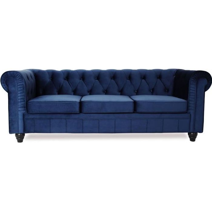 Canapé Chesterfield Velours Bleu - MENZZO - 3 places - Confort Moelleux - Elégance Chic