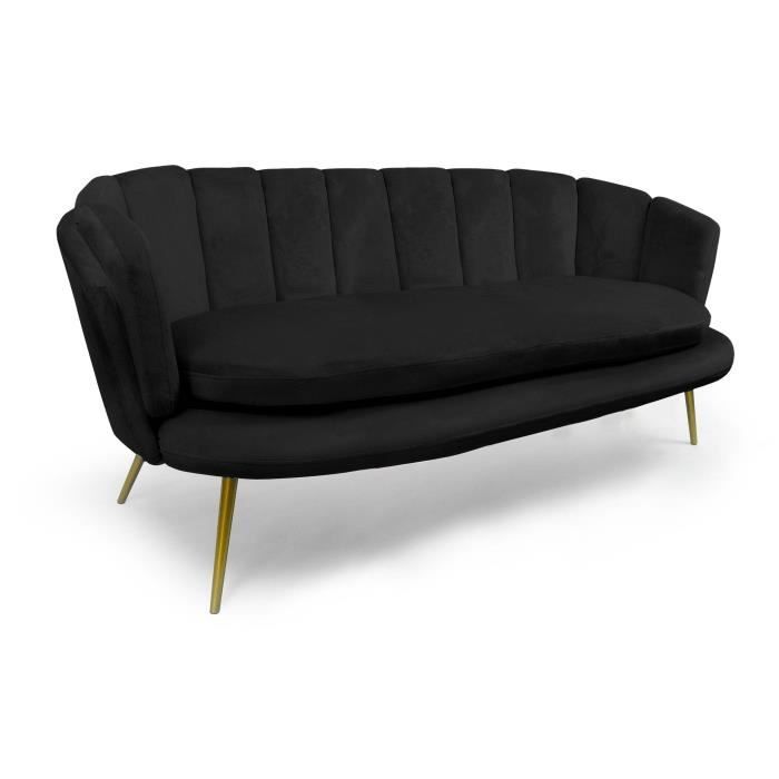 Canapé style coquillage 3 places Brenda Velours Noir pieds Or