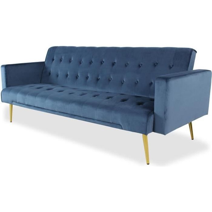 Canapé convertible MENZZO Justy Velours Bleu - Style Vintage - 3 places - Confort moelleux