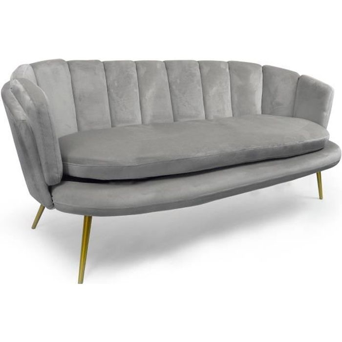 Canapé 3 places MENZZO Brenda en velours argent avec pieds or - Style contemporain et confortable
