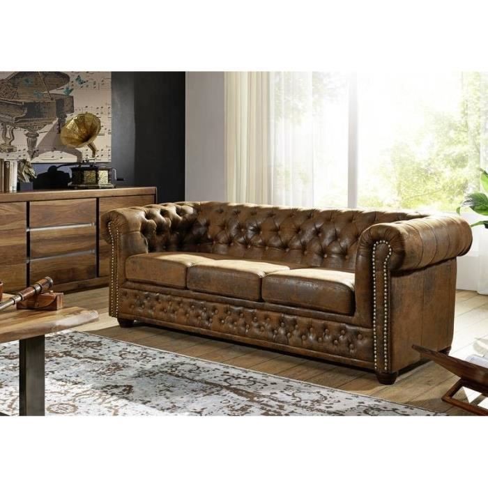 Canapé Chesterfield (3 places) - OXFORD - Style Colonial Britannique - Brun Café