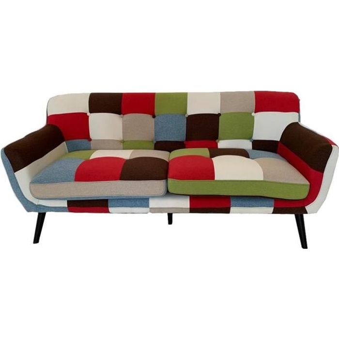 Canapé en tissu patchwork - Marque - Modèle - 3 places - Marron - Fixe