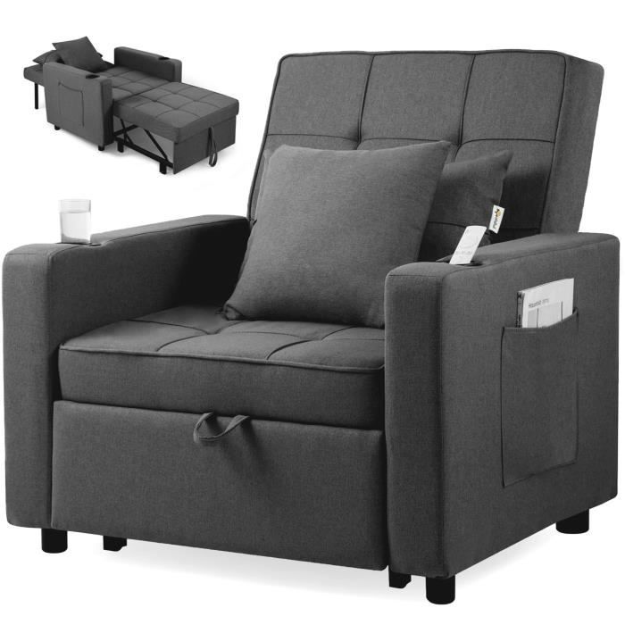 Makika Fauteuil Convertible Lit Tommy Pliable avec porte-boisson en Gris Foncé