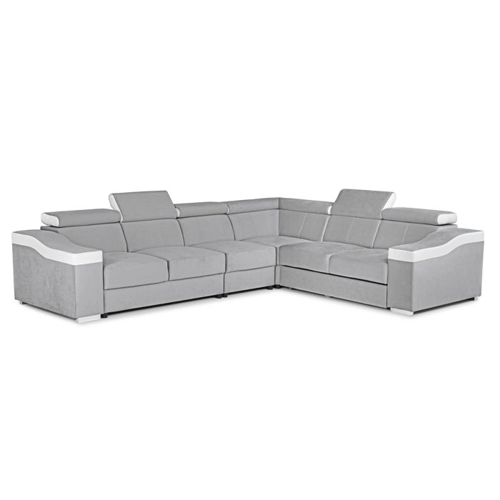 LUCKY - Canapé d’angle convertible réversible en tissu velours gris clair et simili cuir blanc