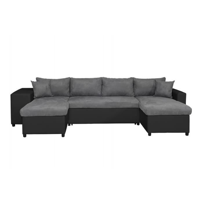 Canapé panoramique OSLO convertible avec coffres, poufs à gauche - Simili/Microfibre - Noir/Gris - L311 x P146 x H81cm - LOUNGITUDE