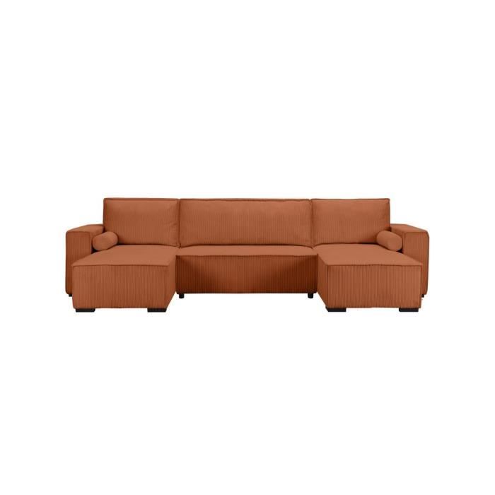 Canapé panoramique 5 places CLARENCE convertible avec coffre en velours côtelé - Terracotta - L322 x P161 x H87cm - LOUNGITUDE