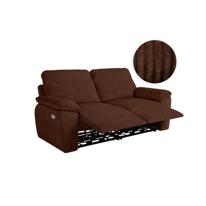 Canapé de relaxation électrique ROSS 3 places en velours côtelé - Marron - L200 x P100 x H102cm - LOUNGITUDE