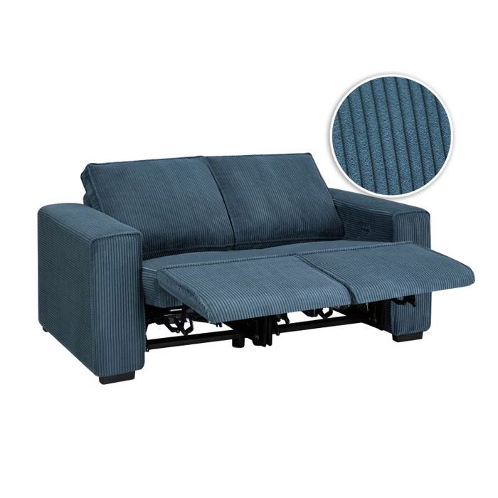 Canapé de relaxation électrique CHARLINE 2 places en velours côtelé - Bleu foncé - L165 x P97 x H92cm - LOUNGITUDE
