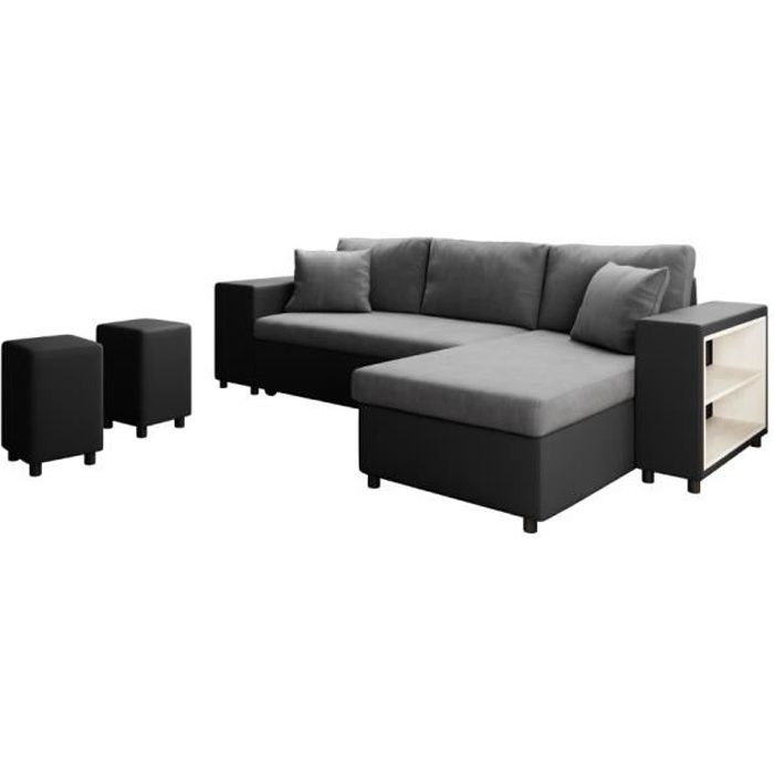 Canapé d'angle réversible MADY bimatière gris/noir avec coffre accoudoir étagère et poufs gauche - L254 x P146 x H81cm - LOUNGITUDE