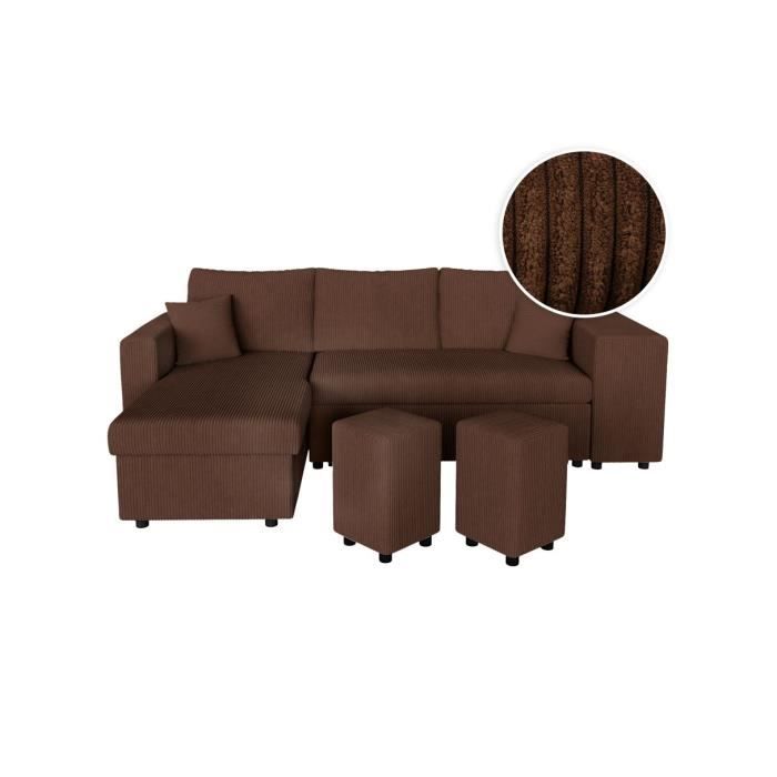 Canapé d'angle réversible convertible OSLO avec coffre, 2 poufs à droite en velours côtelé marron - L241 x P146 x H81cm - LOUNGITUDE