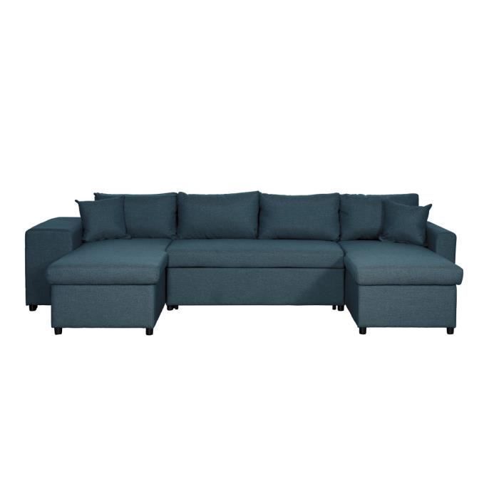 Canapé d'angle panoramique OSLO convertible avec coffres et poufs à gauche - Tissu - Bleu pétrole - L311 x P146 x H81cm - LOUNGITUDE