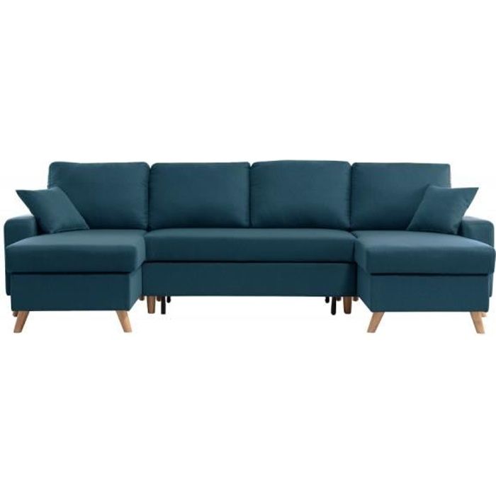 Canapé d'Angle Panoramique MARIA SCANDINAVE Convertible Avec 2 Coffres en Tissu - Bleu pétrole - L289 x 145 x 95cm - LOUNGITUDE