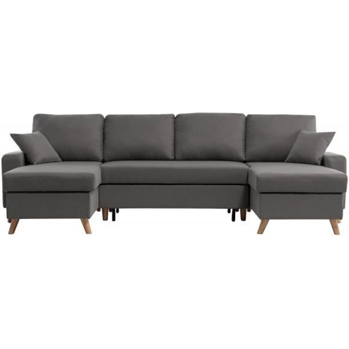 Canapé d'Angle Panoramique LOUNGITUDE MARIA SCANDINAVE Convertible avec Coffres - Gris - 6 places - Tissu