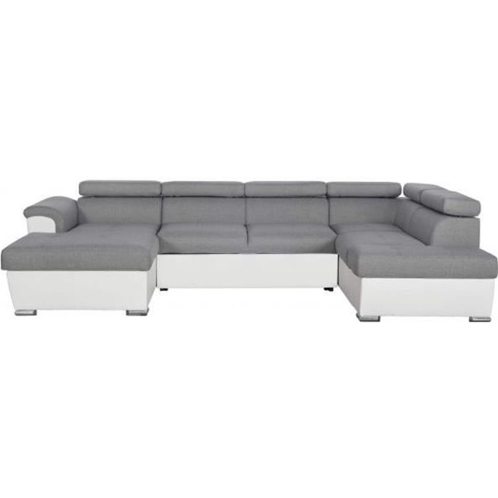 Canapé d'Angle Panoramique 6 Places PAOLA Convertible en Simili/Tissu Avec Coffres - Blanc/Gris - L322 x P196 x H76cm - LOUNGITUDE
