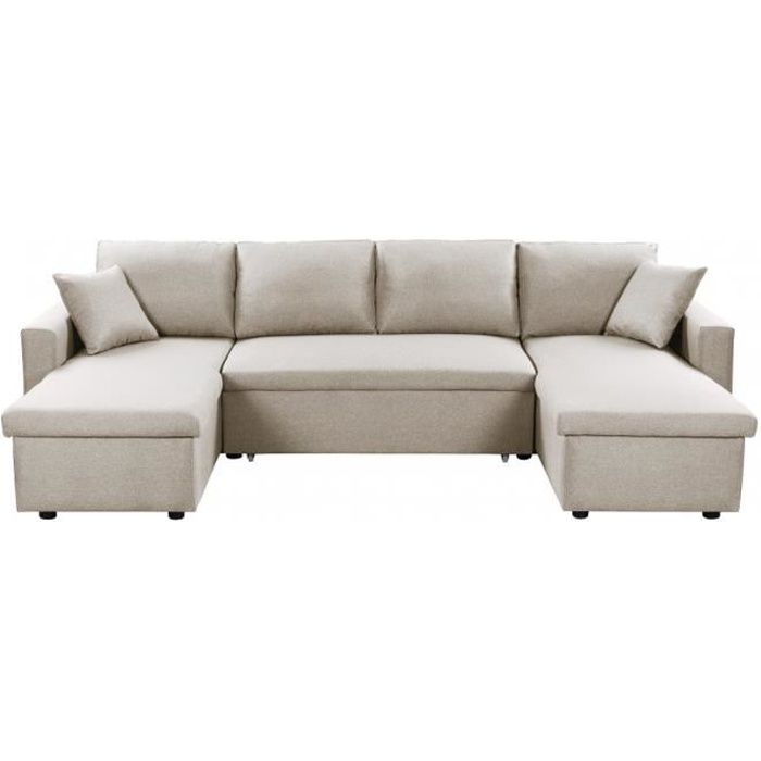 Canapé d'Angle Panoramique 6 Places MARIA Convertible Avec 2 Coffres en tissu - Beige - L295 x P146 x H81cm - LOUNGITUDE