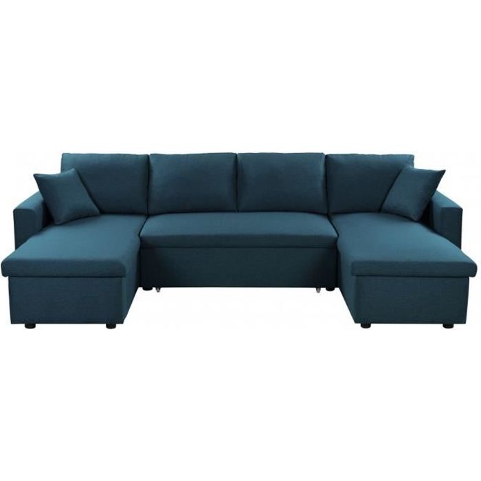 Canapé d'Angle Panoramique 6 Places MARIA Convertible Avec 2 Coffres en tissu - Bleu pétrole - L295 x P146 x H81cm - LOUNGITUDE