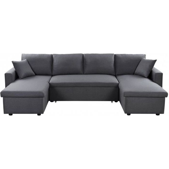 Canapé d'Angle Panoramique Convertible en Tissu Gris - LOUNGITUDE - MARIA - 6 places - Coffres de rangement
