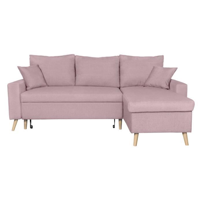 Canapé d'Angle MARIA SCANDINAVE Réversible et Convertible Avec Coffre en Tissu - Vieux rose - L227 x 148 x 95cm - LOUNGITUDE