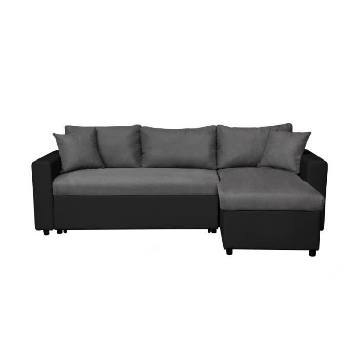 Canapé d'Angle MARIA Réversible et Convertible avec Coffre en simili et microfibre - Gris/Noir - L227 x P146 x H81cm - LOUNGITUDE