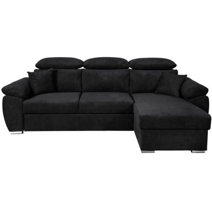 Canapé d'angle KOMO Reversible et Convertible avec coffre et têtières réglables en tissu - Noir - L265 x P166 x H91cm - LOUNGITUDE