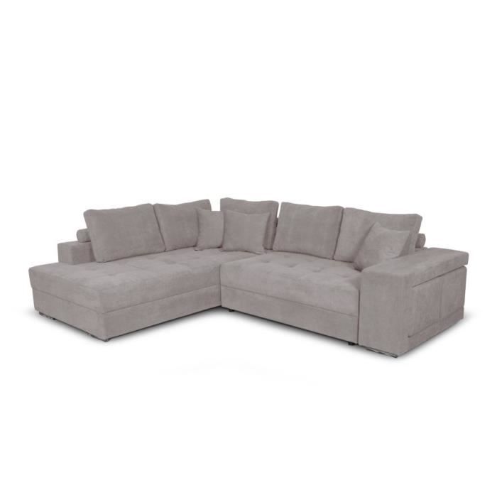 Canapé d'angle gauche TAMIA convertible avec coffre et 2 poufs en tissu - Gris clair - L288 x P224 x H87cm - LOUNGITUDE