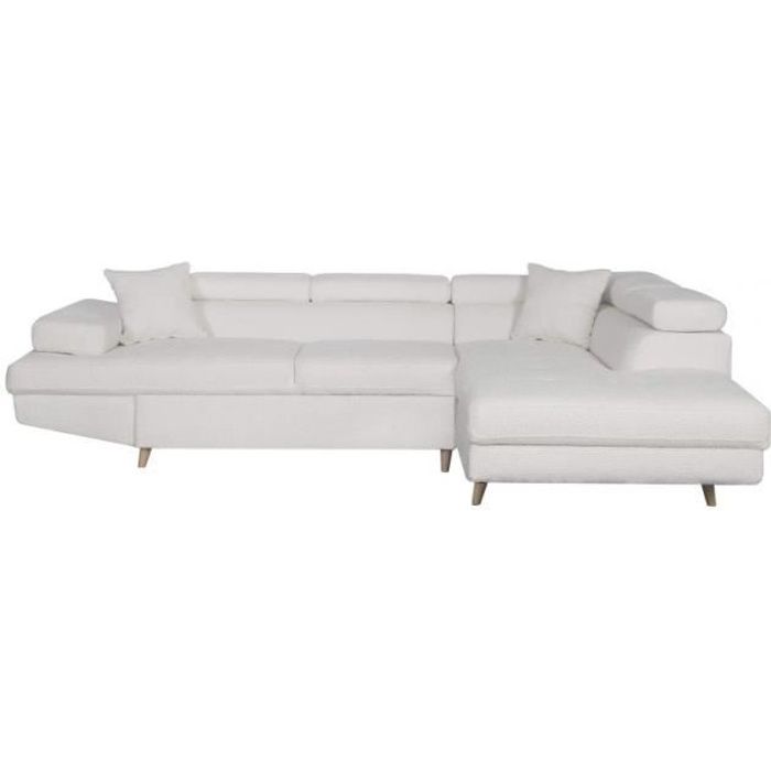 Canapé d'angle gauche convertible RIO Scandinave avec coffre en tissu bouclette- Blanc, Pied bois - L271 x P192 x H70cm - LOUNGITUDE