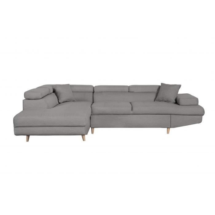 Canapé d'angle convertible LOUNGITUDE MATHIS - Gris clair - Coffre de rangement - Pieds en bois clair