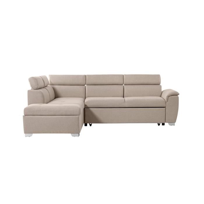 Canapé d'angle gauche convertible PAOLA 4 places avec coffre en tissu - Beige - L261 x P198 x H80cm - LOUNGITUDE