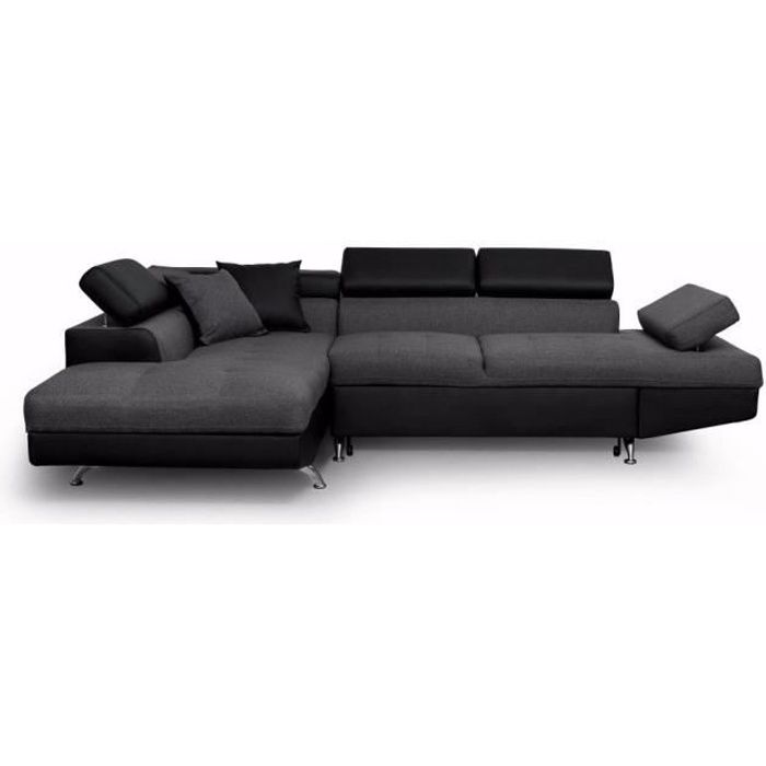 Canapé d'angle gauche 5 places RIO Convertible avec coffre en tissu et simili - Gris/Noir - L271 x P192 x H70cm - LOUNGITUDE