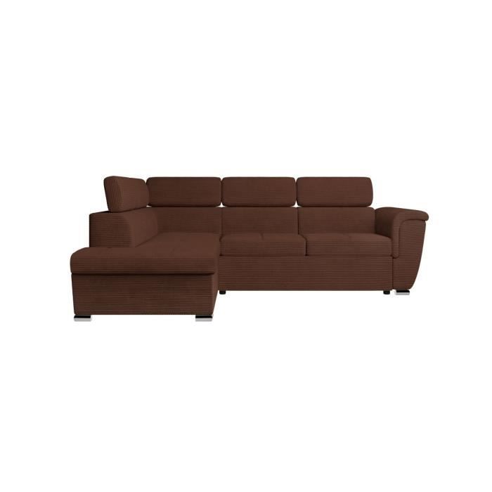 Canapé d'angle gauche 4 places PAOLA convertible avec coffre en velours côtelé - Marron - L252 x P188 x H76cm - LOUNGITUDE