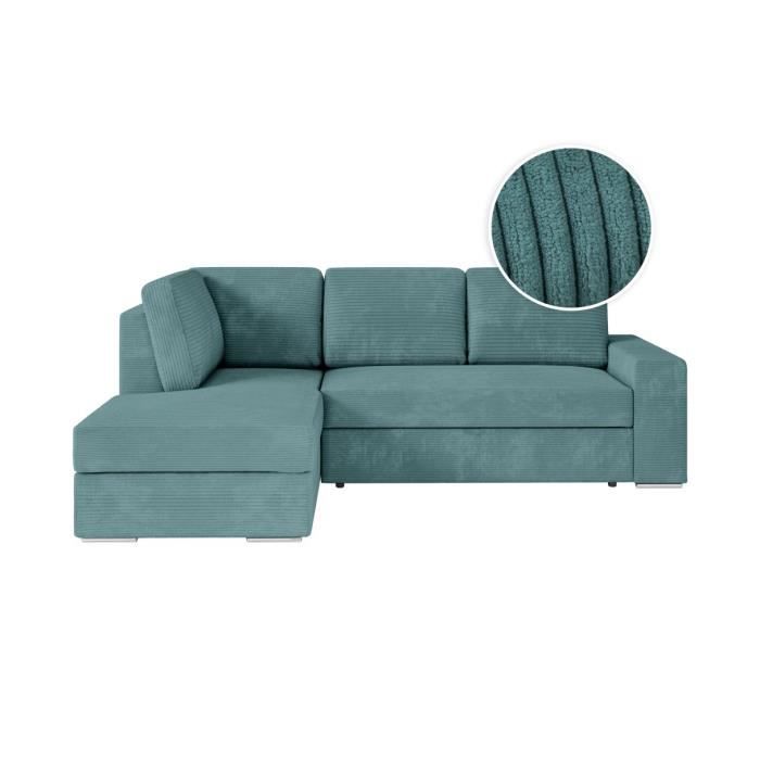 Canapé d'angle gauche 3 places convertible ADEN avec coffre en velours côtelé - Bleu clair - L246 x P174 x H96cm - LOUNGITUDE