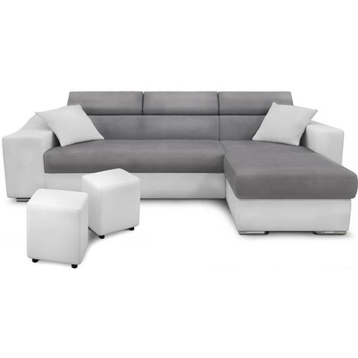 Canapé d'angle convertible ELONA bi-matière Blanc/Gris avec poufs de rangement - LOUNGITUDE
