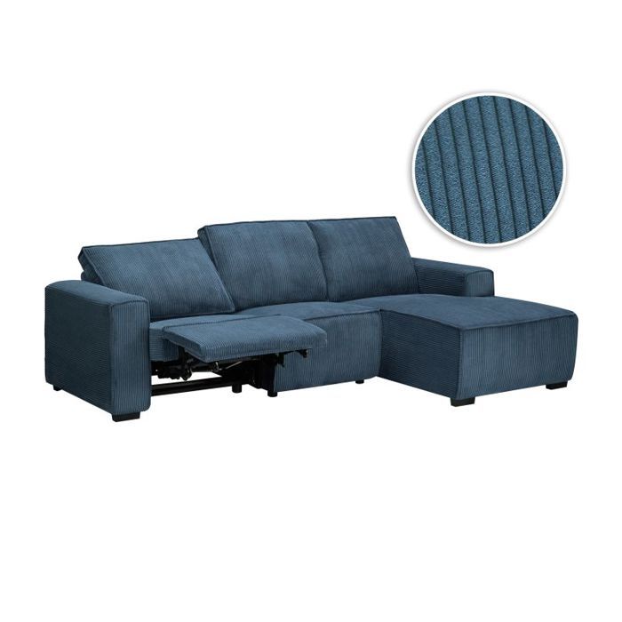 Canapé d'angle droit de relaxation électrique CHARLINE 3 places en velours côtelé - Bleu foncé - L269 x P166 x H92cm - LOUNGITUDE