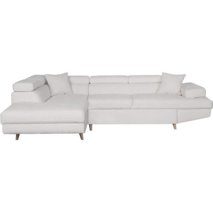 Canapé d'angle droit convertible RIO Scandinave avec coffre en tissu bouclette - Blanc, Pied bois - L271 x P192 x H70cm - LOUNGITUDE