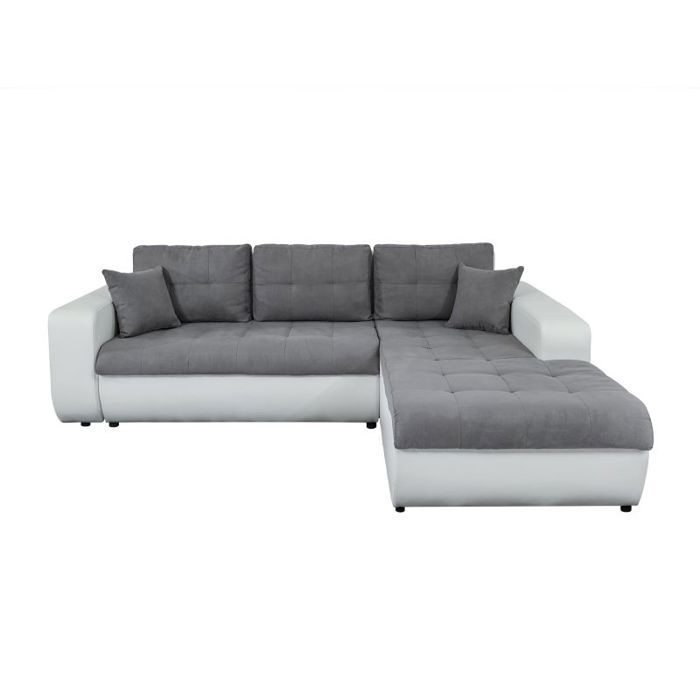 Canapé d'Angle Convertible SUZIE en Simili et Microfibre - Angle Droit, Blanc et Gris