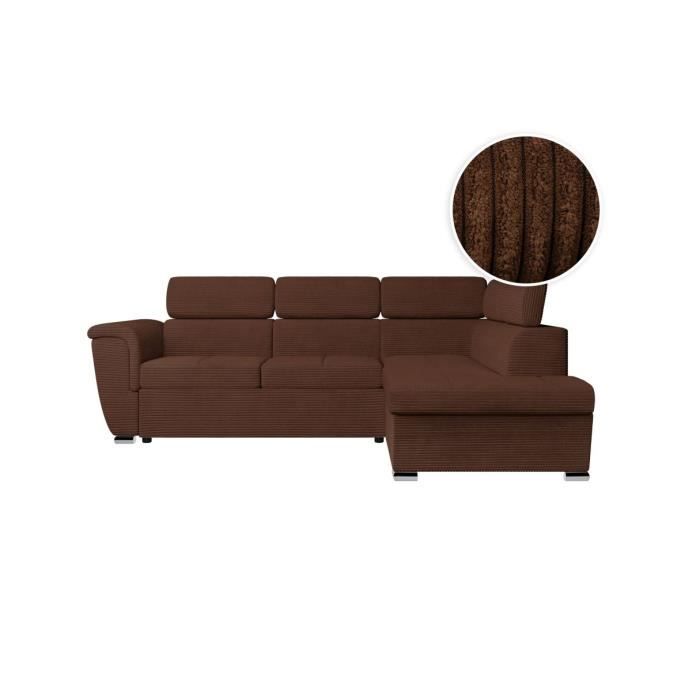 Canapé d'angle droit 4 places PAOLA convertible avec coffre en velours côtelé - Marron - L252 x P188 x H76cm - LOUNGITUDE