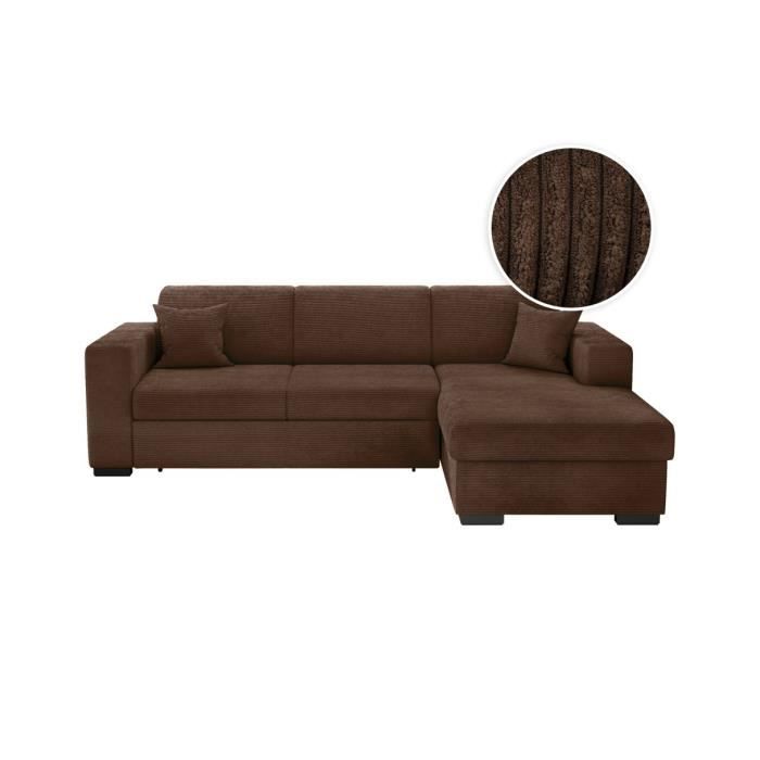Canapé d'angle droit 4 places FUJI XL convertible avec coffre en velours côtelé - Marron - L262 x P157 x H83cm - LOUNGITUDE