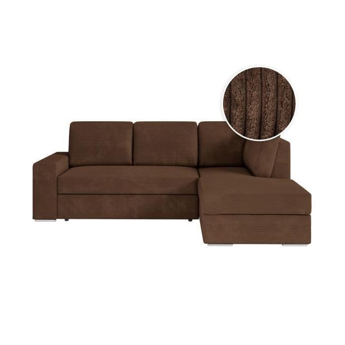 Canapé d'angle droit 3 places convertible ADEN avec coffre en velours côtelé - Marron - L246 x P174 x H96cm - LOUNGITUDE
