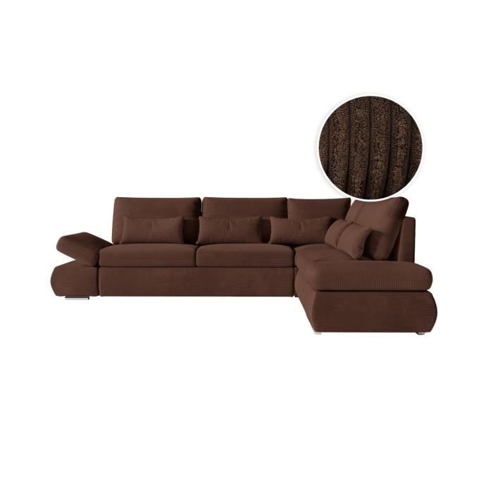 Canapé d'angle 4 places réversible SEBASTIAN convertible avec coffre en velours côtelé - Marron - L267 x P200 x H90cm - LOUNGITUDE