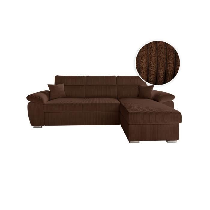 Canapé d'angle 4 places KOMECO reversible convertible avec coffre en velours côtelé - Marron - L265 x P166 x H91cm - LOUNGITUDE