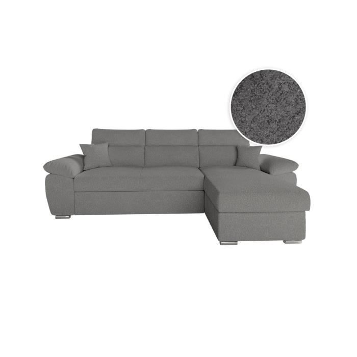Canapé d'angle 4 places KOMECO réversible convertible avec coffre en tissu bouclette - Gris - L265 x P166 x H91cm - LOUNGITUDE